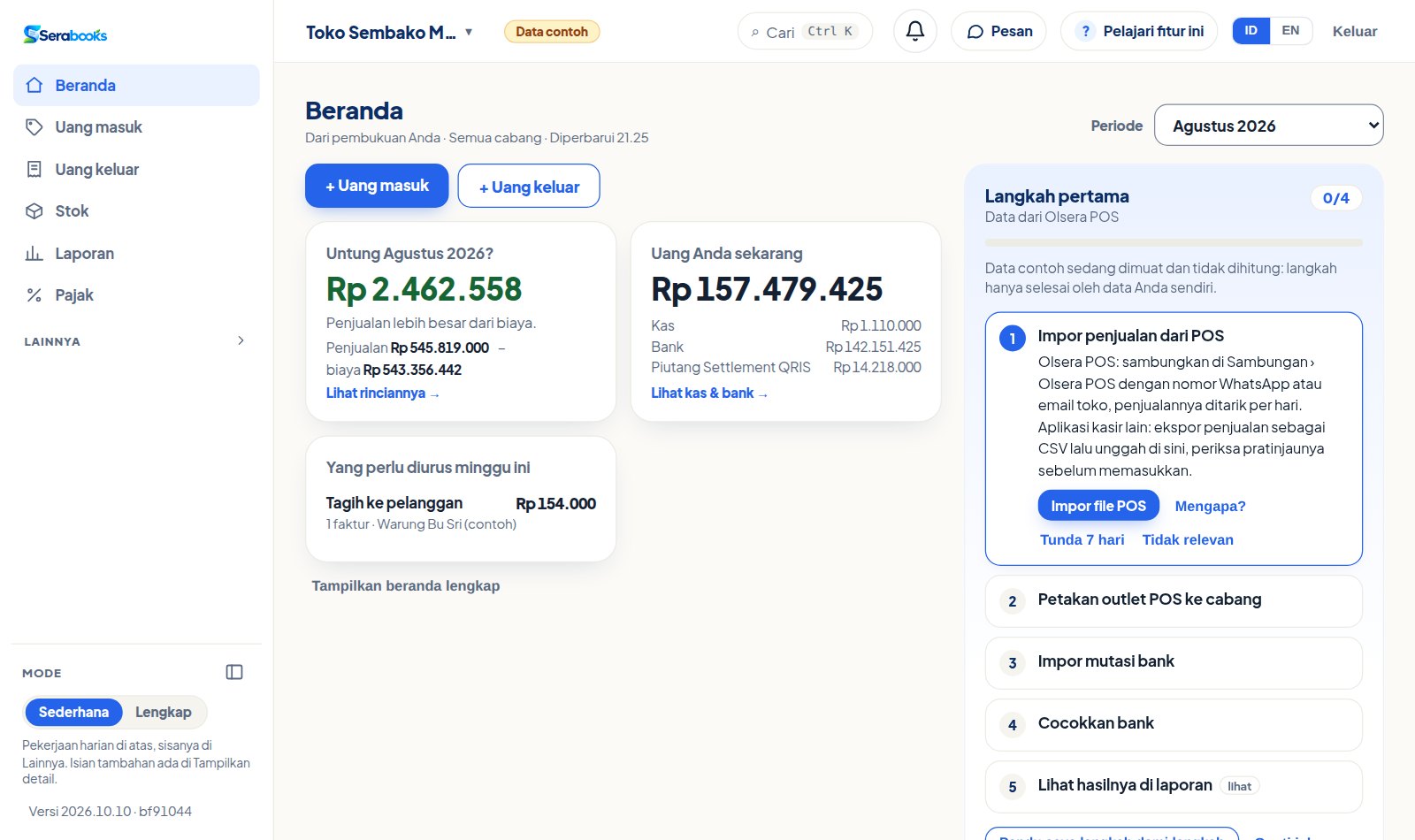 Beranda aplikasi SeraBooks untuk toko ritel contoh, Agustus 2026: pendapatan, harga pokok dan beban, laba bersih, dan uang tersedia (kas tunai, saldo bank, QRIS di perjalanan).