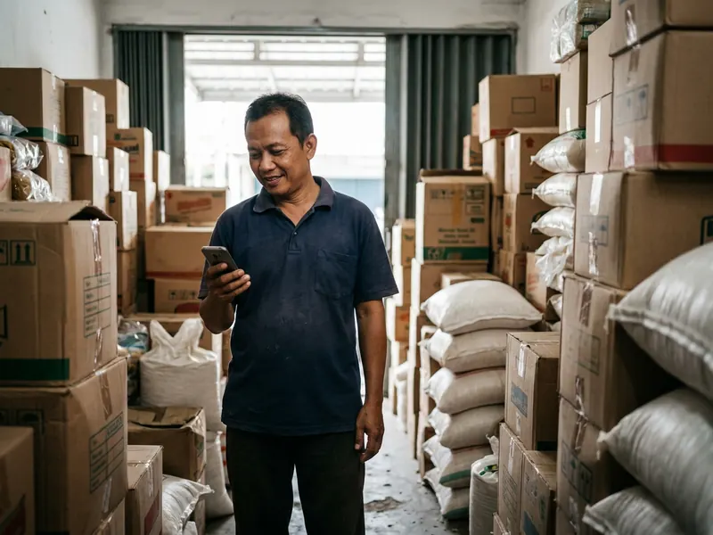 Pemilik toko grosir memeriksa ponsel di gudang di antara tumpukan kardus dan karung.