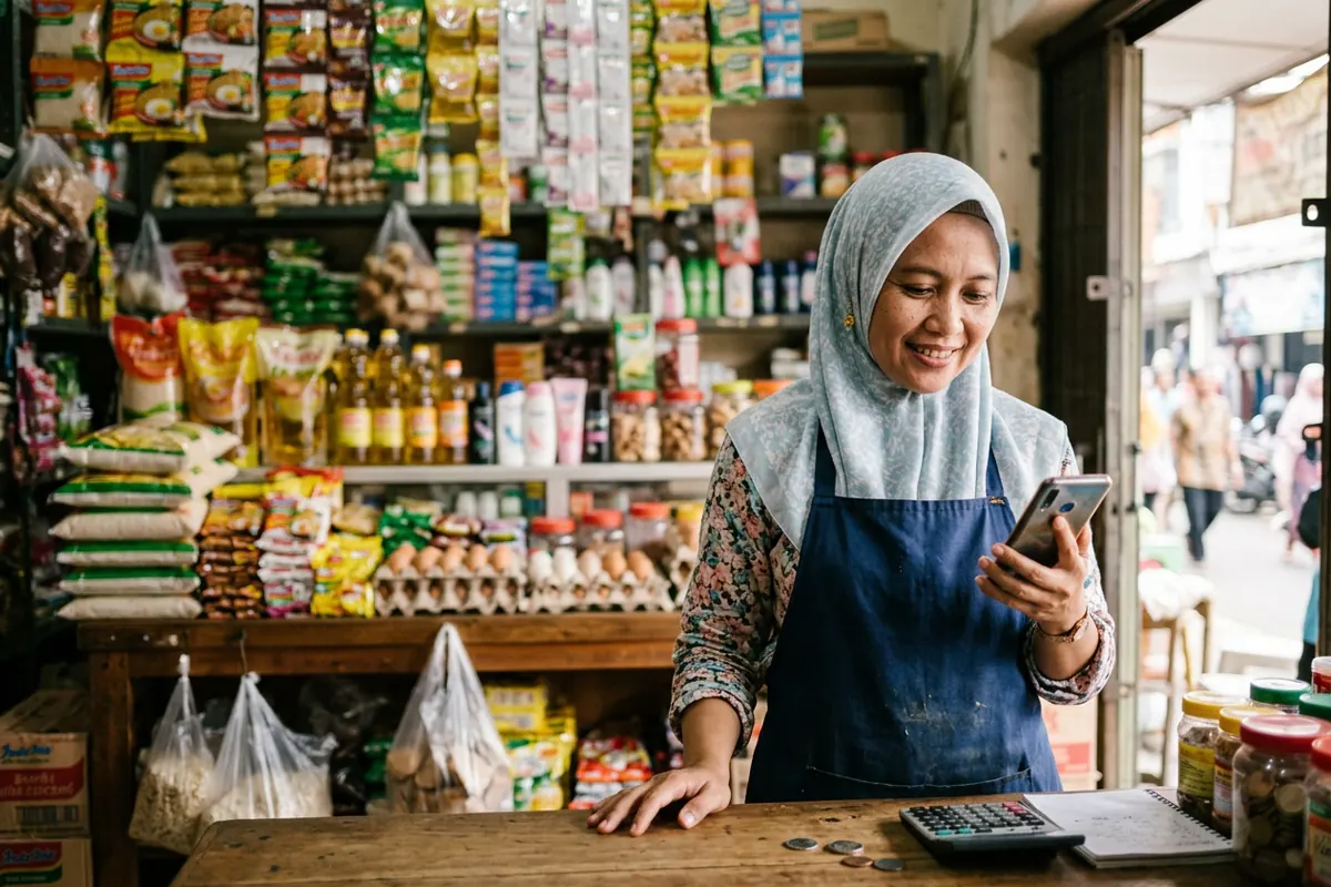 Pemilik toko kelontong tersenyum melihat ponselnya di balik meja kasir, dengan rak beras, minyak, dan camilan di belakangnya.